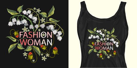 Embroidery white snowdrops and butterflies, fashion woman slogan. Trendy apparel design. Template for fashionable clothes, modern print for t-shirts, apparel art