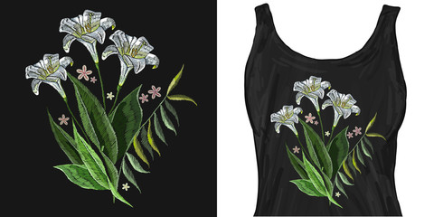 Beautiful white lillies classical embroidery. Trendy apparel design. Template for fashionable clothes, modern print for t-shirts, apparel art