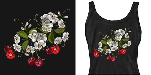 Embroidery cherry blossom tree and cherry fruit berry. Trendy apparel design. Template for fashionable clothes, modern print for t-shirts, apparel art