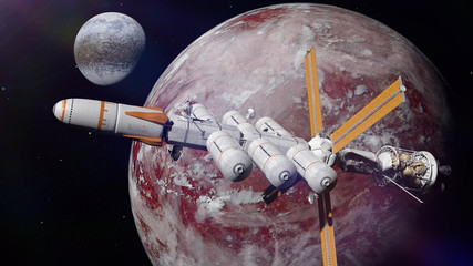 spaceship in orbit of an alien world (3d science illustration)