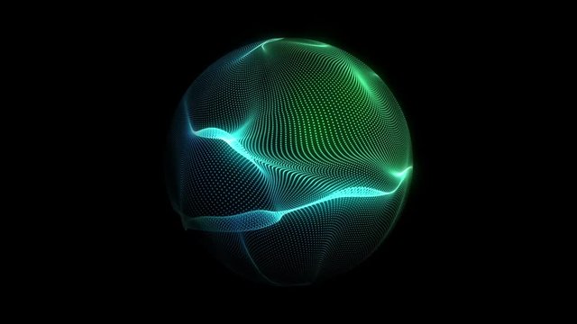 Animation of glowing neon wavy sphere. green and blue color. 