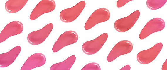 Lipstick smears pattern. Liquid lip stick smudges. Pink red coral makeup product swatches isolated on white background
