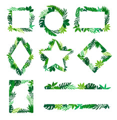 Set of frames from tropical leaves. Vector illustration on white background.