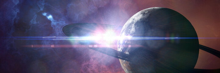 Earth like alien planet, life friendly exoplanet with ring system lit by a distant sun (3d science illustration banner) © dottedyeti