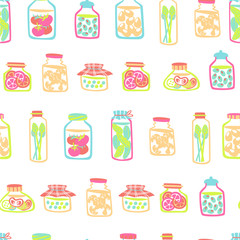 Hand Drawn Seamless Pattern with Pickle Jars Vegetables on White Background.