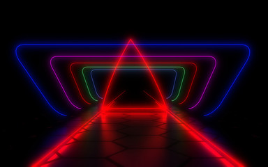 3D  abstract tunnel with neon lights. 3d illustration