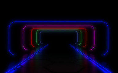 3D  abstract tunnel with neon lights. 3d illustration