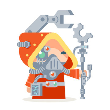 Sci-fi fantasy technology cybernetic technomage scientist technician engineer RPG game character vector icon illustration