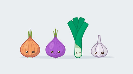 Set onion and garlic. Cute kawaii smiling food
