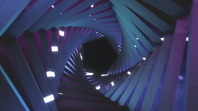 Abstract technology tunnel. Segments construction sharp corners with multicolor  reflections the camera moves forward towards. Dynamic background for project