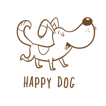 Greeting card with  cute dog. Happy cartoon puppy. Vector illustration for kids. Funny animals. Contour image no fill. 