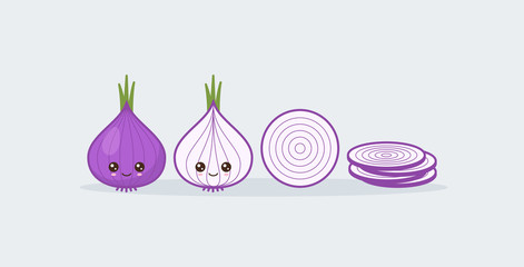 Set onion. Cute kawaii smiling food. Vector