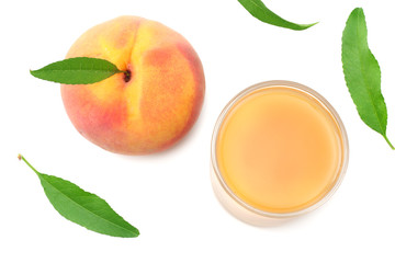 glass of peach juice with green leaf isolated on white background. top view