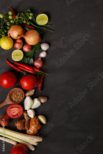 Thai Kitchen Various Herbs Spices And Ingredients On Dark