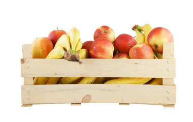 Fresh fruits in wooden box isolated on white background
