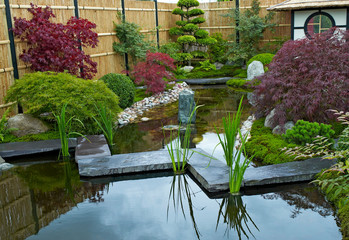 Fototapeta na wymiar Water Garden in the style of a Japanese Tea Garden with traditional planting and features