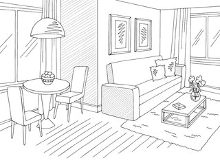 Living room graphic black white home interior sketch illustration vector