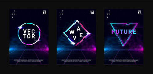 Retrowave vaporwave synthwave Circle, triangle and rhombus with glitch effect, laser grid and highlights. Design for poster, flyer, cover, brochure, card, club invitation. Eps 10