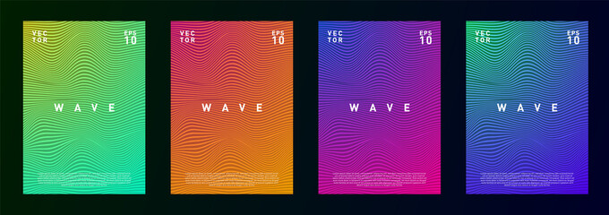 Set of wave lines gradient fluid background design for advertising, journal, flyer, poster, brochure, covers in trendy pink, blue, yellow, green, red, orange colors.