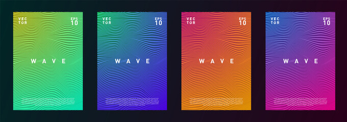 Set of wave lines gradient texture fluid background design for advertising, journal, flyer, poster, brochure, covers in pink, blue, yellow, green, red, orange colors.