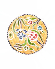 Drawing with watercolors: a souvenir from Turkey - yellow bowl, painted with traditional old Turkish patterns.