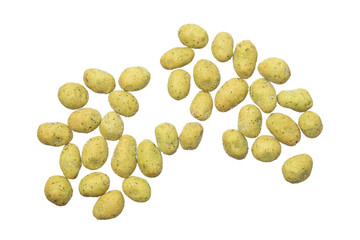 top view of wasabi crispy peanut snack balls isolated on white background.