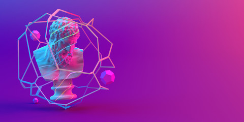 3d-illustration of an abstract composition of sculpture and primitive objects on violet background