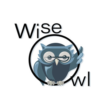 Owl with glasses and the inscription. Wise Owl. Emblem, logo. The image of a gray owl for use in the design of corporate design firms, libraries, stationery, planner, organizer, notebooks, bookshelf.