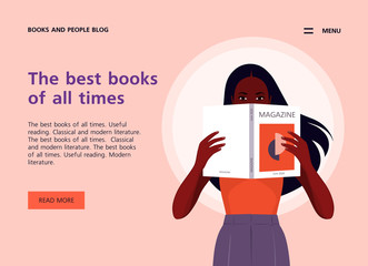 An African woman holds magazine in her hands. Website template about books, literature and reading. Libraries and bookstores. Vector flat illustration