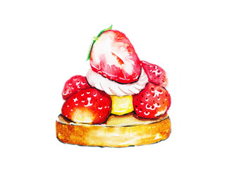strawberry tart watercolor isolate on white background