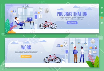 Procrastination and Work Metaphor Flat Banner Set - obrazy, fototapety, plakaty