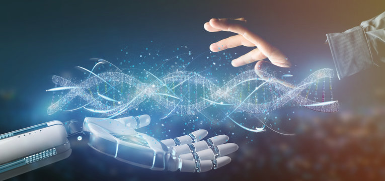 Cyborg hand holding a DNA branch 3d rendering