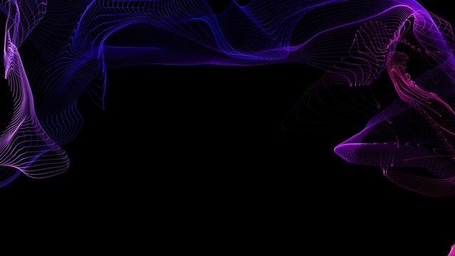 4K Dots wave. Glowing neon particles. Curve waves structure. Abstract futuristic motion background. Purple and pink colors. Isolated on black - can use overlay.