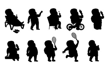 Set - a fat man in different situations. Black silhouette
