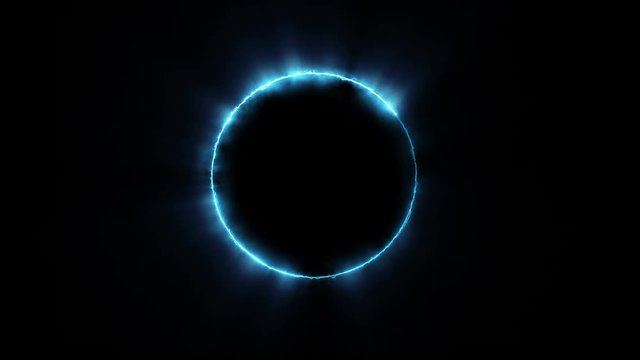 Template for text : Blue neon glowing glare circle with rays. Bright light lines rotation. Isolated frame. Black background. 4k 