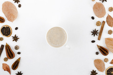 Top view autumn leaves with coffee