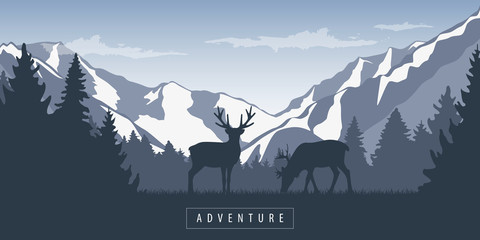 wildlife adventure elk in the wilderness forest at snowy mountain landscape vector illustration EPS10