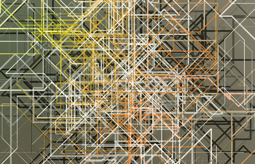 Futuristic yellow and orange connection background with lines and roads printed on metal texture