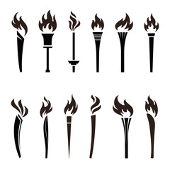 色々なオリンピック聖火のアイコン　白黒シンボル