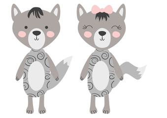 grey wolfs isolated on white background. Cute forest animals in scandinavian and folk style. Scandinavian style flat design.