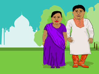 Fat Indian people -husband and wife - stand near the Taj Mahal in national costumes.