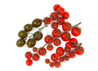 Clusters of the red and kumato cherry tomatoes, top view