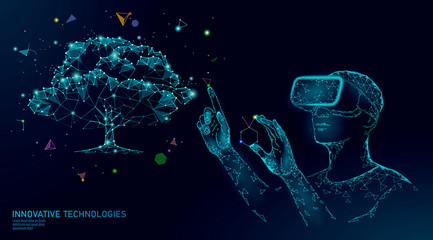 Virtual digital biotechnology tree engineering concept. 3D render VR helmet augmented reality vitamin supplement. Medical science life eco polygon biology future research vector illustration