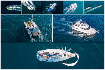 collage of five views of aerial ships boats and yachts on the sea