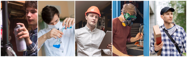 collage of five photos of people working at their daily professional job occupation