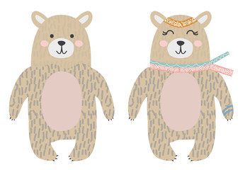 Cute bears in the Scandinavian style, girl and boy, children's design