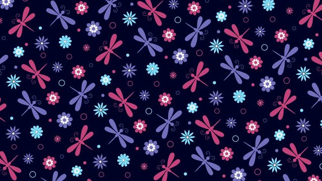 Colorful background with flowers and dragonflies