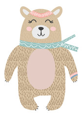 Hand drawn funny, cute bear in Scandinavian, Nordic style. Childish print, kids apparel, poster, postcard, stickers, cover.