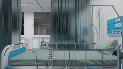 Side View of Medical Beds by the Window in Nighttime 3D Rendering