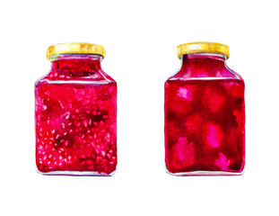 Two jars of tasty jams from different berries. Watercolor illustration isolated on white background